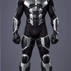 May include: A full-body suit featuring black fabric with silver metallic armor plating on the shoulders, chest, forearms, thighs, and shins. The suit includes a high collar and black gloves. The text COSPLAY CASSANOVA appears in the bottom corner.