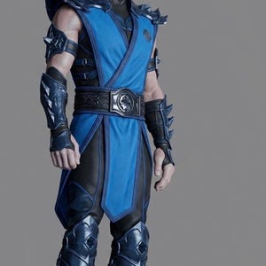 May include: A blue and black ninja-style costume featuring a hooded mask, shoulder armor, arm guards, a wide belt with a central emblem, and shin guards. The outfit includes a sleeveless tunic over a black base layer. Text reads COSPLAY CASSANOVA.