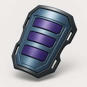 May include: A futuristic-looking, metallic shield with a dark gray border and a blue-gray center. Three purple rectangular panels are horizontally aligned in the center. The shield has a slightly curved shape and a modern design.