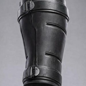 May include: A black, cylindrical object with a textured surface and two metal clasps. The object has a series of horizontal slits and appears to be made of a durable material. The design suggests a protective or functional item.