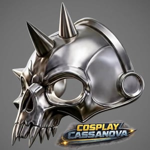 Könnte beinhalten: Eine metallisch silberne Maske in Totenkopfform mit zwei markanten Stacheln auf der Stirn, spitzen Zähnen und kreisförmigen Details an den Seiten. Der Text "COSPLAY CASSANOVA" steht in blauer und gelber Schrift unten rechts.