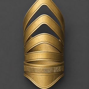 May include: A wide gold-toned cuff bracelet featuring a series of stacked, chevron-shaped cutouts that create an openwork design. The base of the cuff displays a textured, matte finish with a horizontal band of fine, vertical etched lines.