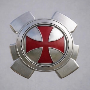 May include: A metallic emblem featuring a red cross within a silver circular frame. The emblem has a brushed metal finish and four stylized, outward-facing extensions. The red cross is centered, with a bright, glossy finish.