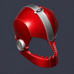 May include: A glossy red helmet featuring a metallic silver center stripe with a small loop at the top. The helmet has a jagged, tooth-like opening at the front and circular silver side accents, presenting a smooth, hard-shell construction.