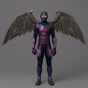 May include: A standing action figure of a humanoid character with large, metallic bronze-colored wings. The figure wears a dark purple and maroon armored suit with segmented plating on the chest, arms, and legs. The eyes glow with a bright white light.
