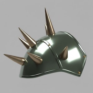 Puede incluir: Un casco verde metálico con múltiples púas doradas. El casco tiene una superficie pulida y un diseño curvo. Las púas están espaciadas uniformemente, creando una estética agresiva y única. Ideal para cosplay o fantasía.