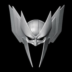 May include: A silver-colored superhero helmet with a stern expression. The helmet features pointed wings on each side and a stylized face with a prominent nose and open mouth area. The background is solid black.