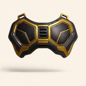 May include: A futuristic-looking, black, gold, and gray chest plate with a geometric design. The chest plate has a central section with three horizontal bars and two side panels with a carbon fiber texture.