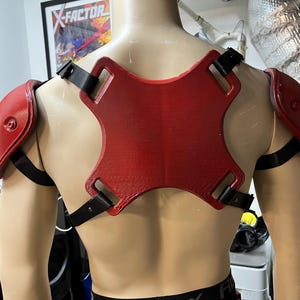 May include: Red shoulder armor with black straps, designed to be worn over the shoulders and back. The armor is made of a hard material and features a central back plate with a cross-shaped design. The shoulder pads are rounded and have a circular detail.
