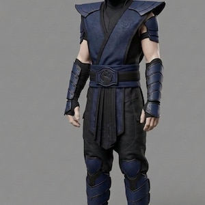 May include: A full-body ninja costume featuring a dark blue and black color scheme. The outfit includes a hooded mask, shoulder guards, arm bracers, a wide belt with a central circular emblem, and leg guards. The fabric has a textured pattern.