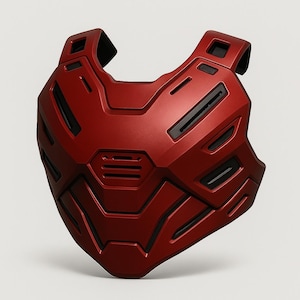 May include: A metallic red chest armor with black accents. The armor has a geometric design with multiple panels and a central vent. It features shoulder straps and a contoured shape, suggesting a protective garment.