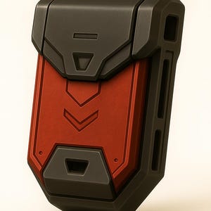 May include: A futuristic-looking, rectangular case with a hinged lid. The case is primarily red with black accents, featuring geometric designs and a textured surface. The design suggests a high-tech or industrial aesthetic.