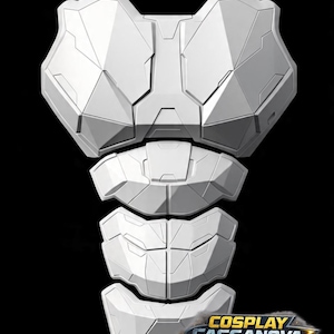 Puede incluir: Un conjunto de placas de armadura para el pecho y el abdomen segmentadas en color blanco, con paneles geométricos y angulares. La armadura presenta una pieza grande para el pecho y tres secciones abdominales. El texto COSPLAY CASSANOVA es visible.