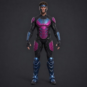 May include: A full-body suit featuring black fabric with metallic blue and magenta armor plating on the chest, shoulders, forearms, thighs, and shins. The suit includes a matching blue headpiece that covers the forehead and temples.