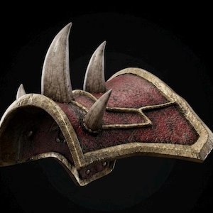 May include: A curved shoulder armor piece featuring a textured deep red surface with a weathered gold-toned metallic border. The armor is adorned with four prominent, pointed, off-white horn-like protrusions extending from the upper section.