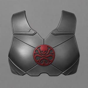 May include: A matte dark gray chest armor piece featuring a prominent circular emblem in the center. The emblem is a deep red color and displays a stylized skull with tentacles extending downward, creating a distinct graphic design on the armor.