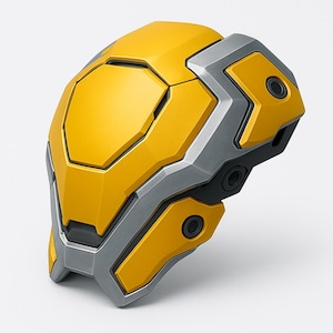 May include: A futuristic-looking, yellow and gray protective device. The item has a geometric design with a yellow central panel and gray, angular edges. It features circular details and a sleek, modern aesthetic, suggesting a technological or sci-fi theme.