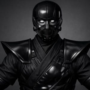 Może przedstawiać: Czarny kostium w stylu ninja z hełmem i maską. Hełm ma gładką, odblaskową powierzchnię, a maska zakrywa dolną część twarzy. Oczy świecą na biało. Kostium obejmuje ochraniacze na ramiona i top w stylu owijania.