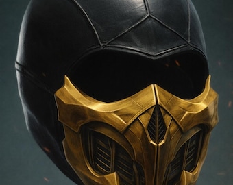 May include: A black helmet with a gold-colored face mask. The helmet is made of a dark, textured material, and the mask has a detailed, ornate design with sharp, pointed features. The overall aesthetic is futuristic and stylized.