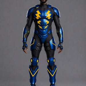 May include: A full-body superhero costume featuring a black base suit with metallic blue armor plating on the shoulders, chest, forearms, thighs, and shins. The armor is accented with bright yellow lightning bolt motifs and trim, paired with yellow-tinted goggles.