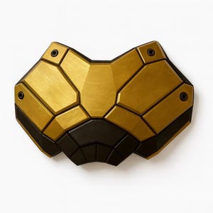 May include: A geometric wall art piece with a gold and black color scheme. The design features a series of angular, segmented shapes, creating a modern, abstract aesthetic. The piece is mounted on a white background.