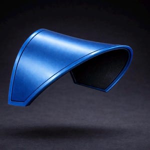 May include: A curved, blue object with a matte finish, possibly a decorative piece or part of a larger design. The object has a dark interior and a sleek, modern aesthetic. The shape is reminiscent of a stylized arc.