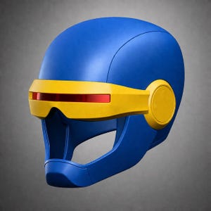 May include: A blue and yellow helmet with a visor. The helmet is primarily blue with a yellow visor and side details. The visor has a red lens. The helmet is a cosplay or costume item.