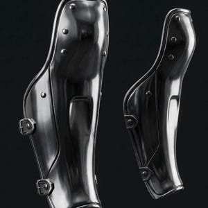 Puede incluir: Un par de grebas de metal plateado pulido con un diseño anatómico curvado, remaches visibles a lo largo de los bordes y dos correas con hebilla ajustables en el lateral para una fijación segura, sobre un fondo oscuro sólido.