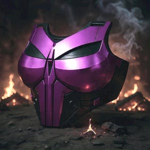 May include: A metallic purple chest armor with black accents, featuring a stylized design. The armor has a sculpted appearance with a central vertical line and angular details. The background shows flames and smoke, suggesting a fantasy or cosplay theme.