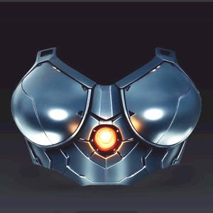 May include: A futuristic, metallic chest plate with a polished, reflective surface. The armor is primarily a cool gray color, with rounded sections and sharp, angular details. A central, circular element glows with an orange light.