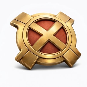 May include: A gold-colored emblem with a red center and a large gold "X" symbol. The emblem has a circular shape with four rectangular extensions. The design is likely from a comic book or superhero theme.