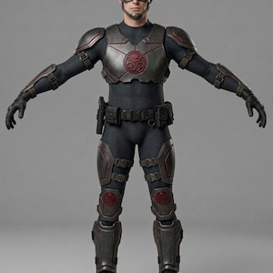 May include: A full-body action figure wearing a dark tactical suit with metallic gray armor plating on the shoulders, forearms, thighs, and shins. The chest and knee armor feature a circular red Hydra skull emblem. A matching helmet with an H logo.