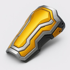 May include: A gold and silver arm guard with a geometric design. The arm guard has a central gold panel with silver and black accents. The design is angular and futuristic, suggesting a protective or decorative item.