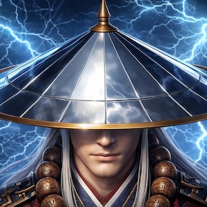 Może przedstawiać: Cyfrowa grafika przedstawiająca osobę w srebrnym i złotym kapeluszu ze złotym i niebieskim wykończeniem. Osoba ma długie białe włosy i nosi czerwoną i niebieską szatę. Tło to ciemnoniebieskie niebo z błyskawicami.