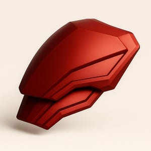 May include: A red, angular, geometric object with a matte finish. The design features layered, angled panels and a smooth, curved top. The object appears to be a piece of armor or a decorative element.