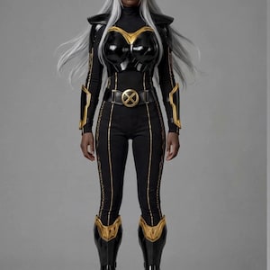 Può includere: Un costume intero nero e oro con pettorina, spallacci, protezioni per gli avambracci e parastinchi. L'outfit include una cintura con fibbia a forma di X, un copricapo e lunghi capelli argentati. Il testo Cosplay Cassanova è visibile.