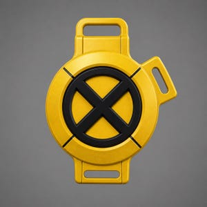 May include: A bright yellow circular object featuring a prominent black X symbol centered within a ring. The item has a rectangular attachment point at the top and bottom, each with a horizontal slot, and an additional angled tab on the right side.