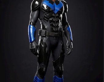 May include: A full-body superhero costume featuring a black and blue tactical suit with a molded chest plate, shoulder armor, forearm guards, and shin guards. The outfit includes a blue domino mask and a utility belt. The text COSPLAY CASSANOVA is visible.