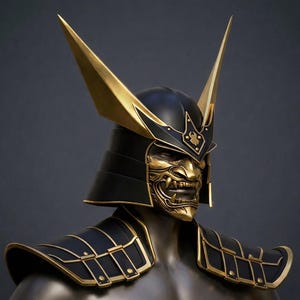 Puede incluir: Un casco de samurái negro y dorado con una máscara dorada detallada y detalles decorativos. El casco presenta altas crestas doradas puntiagudas y una armadura de hombro a juego. El diseño es intrincado y ornamentado, mostrando una mezcla de elementos tradicionales y artísticos.