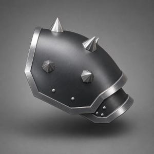 May include: A matte black shoulder pauldron featuring a curved design with metallic silver trim along the edges. The armor piece is adorned with several pointed conical spikes and small circular rivets, providing a structured and protective appearance.