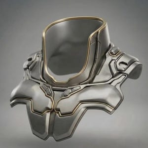Puede incluir: Una pieza de armadura para cuello y hombros en color plata metálico con un cuello alto y bordes en tono dorado. La armadura está construida con placas segmentadas con líneas de panel empotradas y bordes biselados, creando un aspecto estructurado.