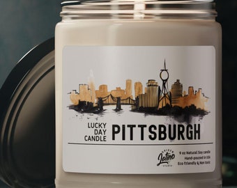 Pittsburgh Steelers Skyline Watercolor lucky game day Soy Candle NFL Football Team Decor Home Fragrance Gift 9oz Candle Hand-poured Unique