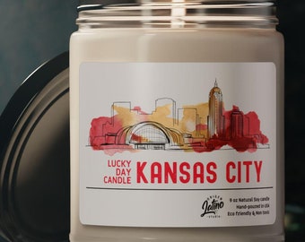 Vela de soja con diseño de acuarela de los Kansas City Chiefs Skyline, juego de la suerte, decoración del equipo de fútbol americano de la NFL, regalo de fragancia para el hogar, vela de 9 oz, vertida a mano, única