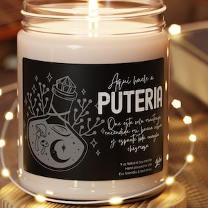 Aquí Huele a Puteria Bold Spanish Candle for Manifestation Vibes & Self-Love Vela Divertida para Amigas Protección Energética funny gift