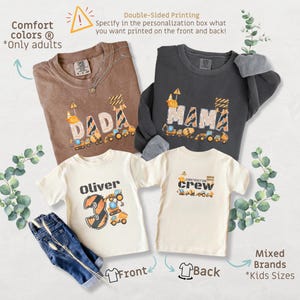 May include: Four shirts with construction-themed designs. Two adult shirts in brown and charcoal grey with "DADA" and "MAMA" printed on them. Two cream-colored kids' shirts with "Oliver" and "Construction Crew" graphics. A pair of blue jeans is also included.