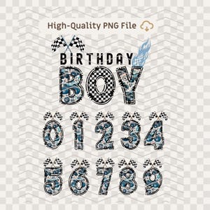 Puede incluir: Un conjunto de gráficos de cumpleaños para niño con temática de carreras. La palabra "Birthday Boy" está en un patrón de cuadros blanco y negro con un patrón de coche de carreras azul y blanco. Los números del 0 al 9 también están en el mismo patrón de coche de carreras azul y blanco con banderas a cuadros blanco y negro.