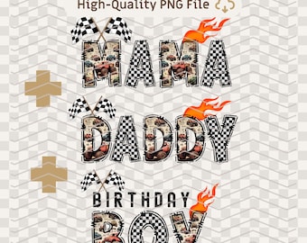 PNG Bundle mama daddy and Birthday Boy Monster Truck black outline Racing Birthday Checkered Flags Digital Download Race Car  Sublimation