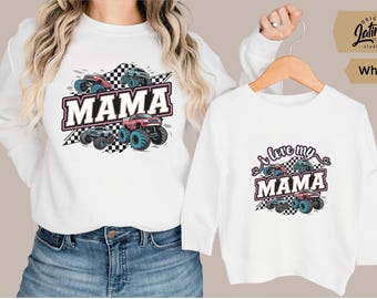 Mama Monster Truck Sweatshirt or Hoodie Checkered Pattern Monster Truck Mom shirt, Custom Name Option Gift for Moms of monster truck lover