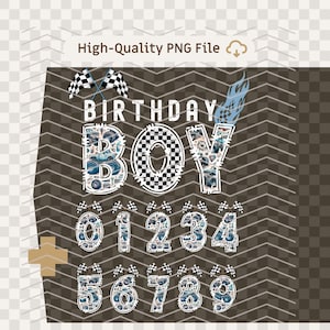 Puede incluir: Un conjunto de decoraciones para fiestas de cumpleaños con temática de carreras que incluyen las palabras "Birthday Boy" en un patrón a cuadros y los números del 0 al 9. Las letras y los números están formados por un collage de imágenes relacionadas con las carreras, incluidos coches, neumáticos y banderas.