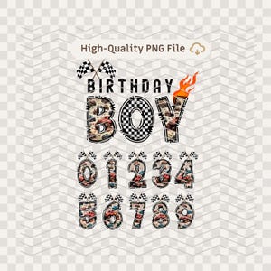PNG 誕生日男の子モンスタートラック PNG レーシング誕生日数字 0-9 バンドルチェッカーフラッグデジタルダウンロードレースカーパーティー昇華デザイン